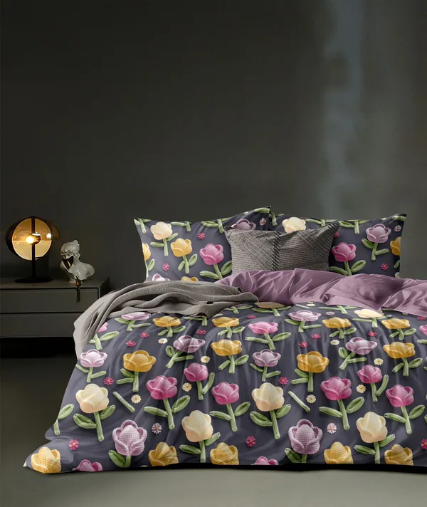 7D_Printed_Floral_Print_Bedding_Set_With_Reversible_Comforter_-_Purple,_Yellow,_And_Pink_Flowers