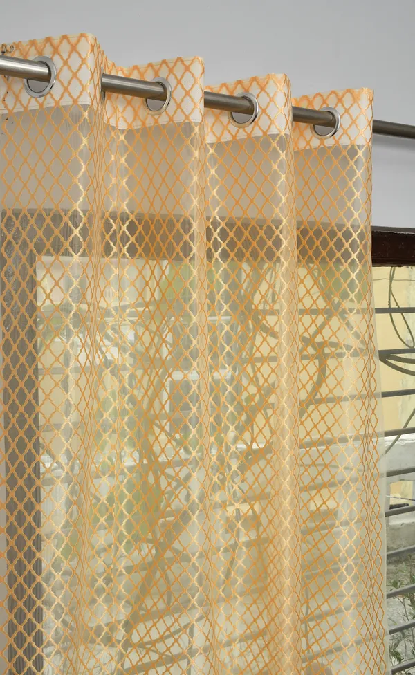Golden_Orange_Diamond_Lattice_Pattern_Sheer_Curtain_With_Grommet_Top