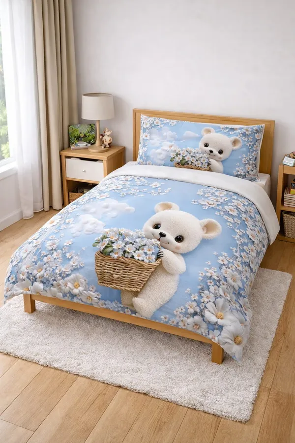 7D_Printed_Adorable_White_Bear_With_Flower_Basket_Bedding_Set_-_Single_Bed