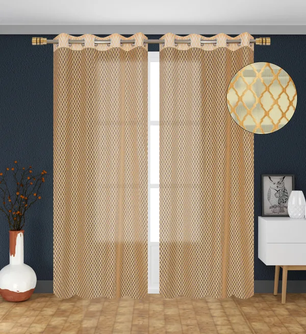 Golden_Orange_Diamond_Lattice_Pattern_Sheer_Curtain_With_Grommet_Top