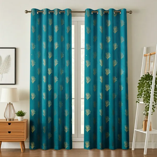 Teal_Velvet_Curtain_With_Golden_Coral_Embroidery_-_Grommet_Top