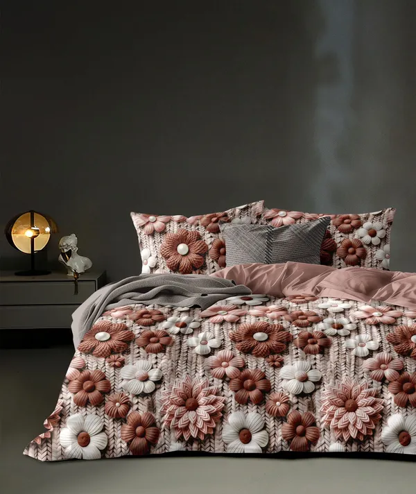 7D_Printed_Floral_Embossed_3D_Duvet_Cover_Bedding_Set_With_Pillowcases_-_Pink_And_Brown_Flower_Pattern