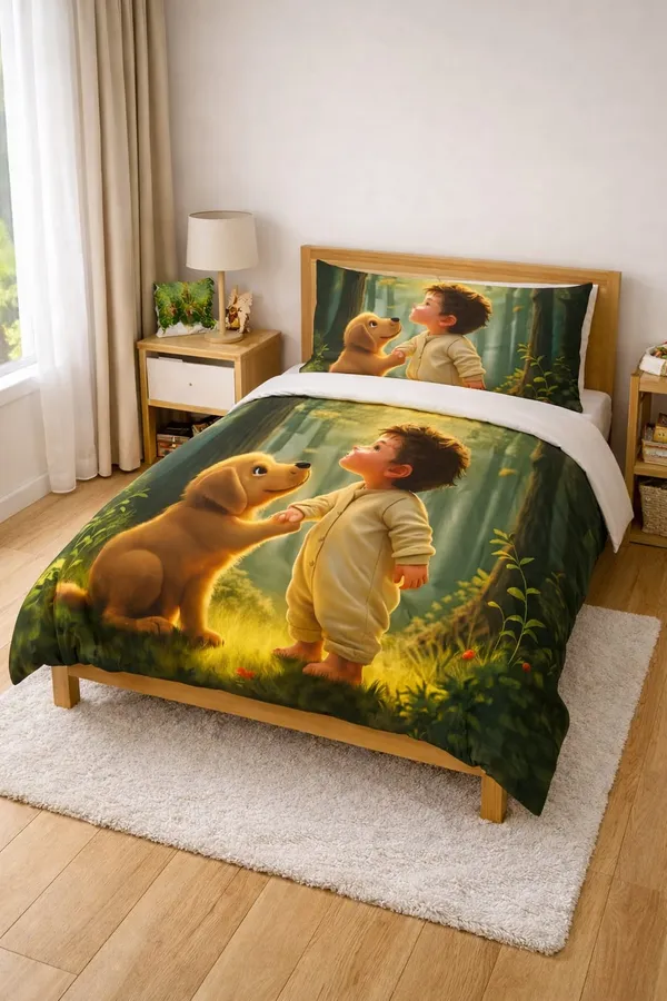 7D_Printed_Comforter_Boy_And_Dog_Print_Bedding_Set_-_Duvet_Cover_And_Pillowcase