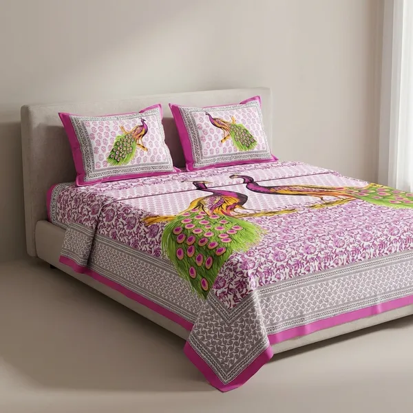 7D_Printed_Cotton_Peacock_Print_Double_Bedsheet_With_2_Pillow_Covers_-_Purple