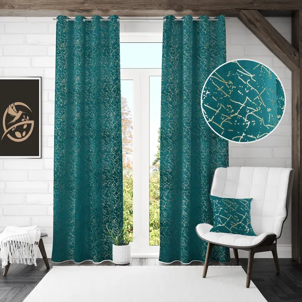 Teal_Blue_Curtain_With_Gold_Abstract_Pattern_And_Grommet_Top