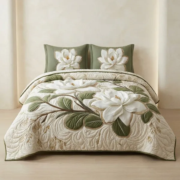 7D_Printed_Elegant_White_Magnolia_Quilted_Bedding_Set_With_Matching_Pillow_Covers