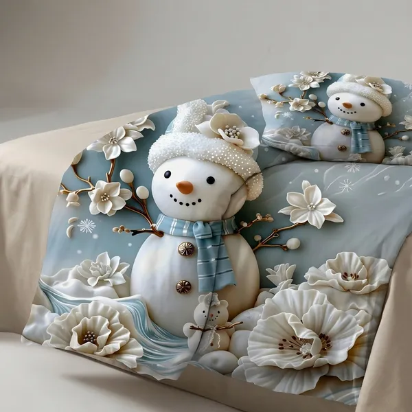 3D_Snowman_Bedding_Set_With_Floral_Design_-_Winter_Themed_Comforter_Set