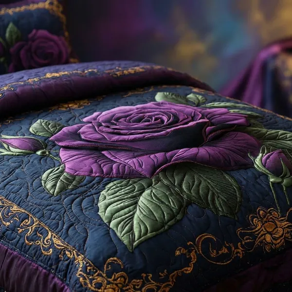 7D_Printed_Purple_Rose_Embroidered_Quilted_Bedding_Set_With_Pillow_Covers