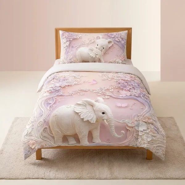 7D_Printed_Elephant_Floral_Print_Bedding_Set_-_Pink_&_White_Duvet_Cover_With_Matching_Pillow_Cover