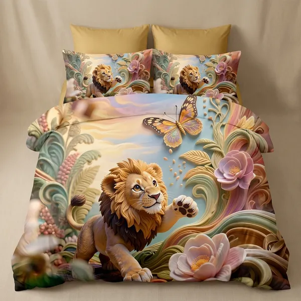 3D_Printed_Lion_And_Butterfly_Bedding_Set_With_Decorative_Pillows