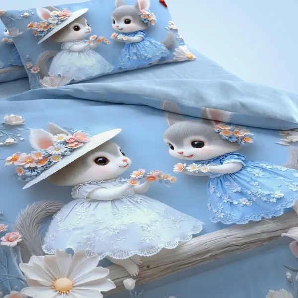 7D_Printed_Cute_Bunny_Friends_Floral_Print_Bedding_Set_With_Pillowcases