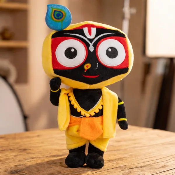Lord_Jagannath_Devotional_Plush_-_Yellow_&_Black_Religious_Stuffed_Doll_with_Peacock_Feather