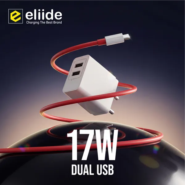 Eliide_X-17W_3.4A_Dual_Usb_Charger_With_Type-C_Cable_White