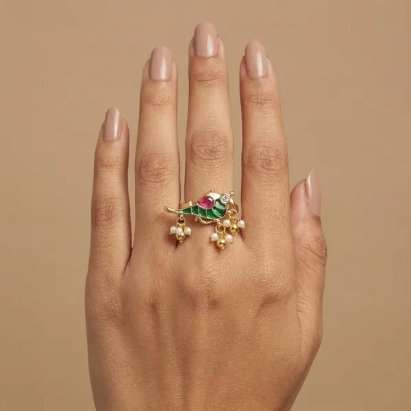 Traditional_Gold_Plated_Peacock_Ring_with_Colorful_Gemstones_and_Pearl_Drops