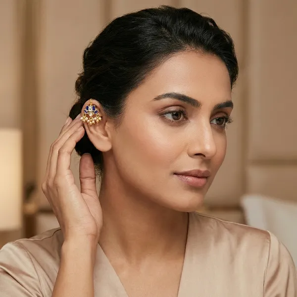 Traditional_Gold_Toned_Ear_Cuff_with_Blue_Floral_Enamel_and_Pearl_Drops