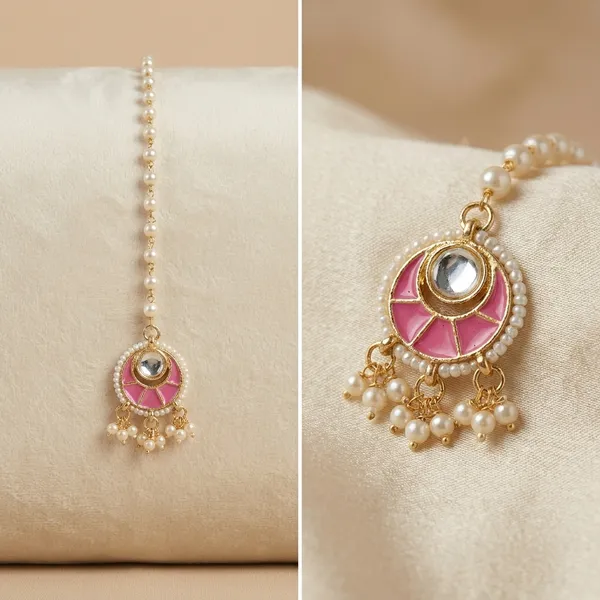 Traditional_Gold_Toned_Pearl_Maang_Tikka_with_Pink_Enamel_Work