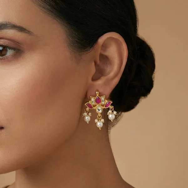 Traditional_Gold_Plated_Earrings_with_Pink_Stones_and_Pearl_Drops