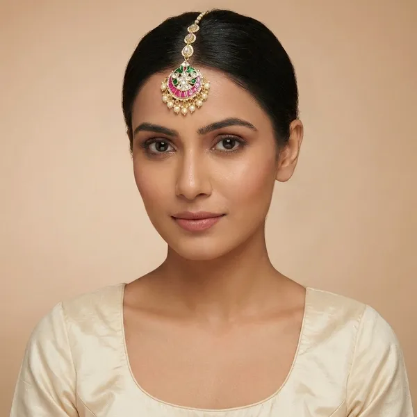 Traditional_Maang_Tikka_with_Pearl_Chain_and_Kundan_Work