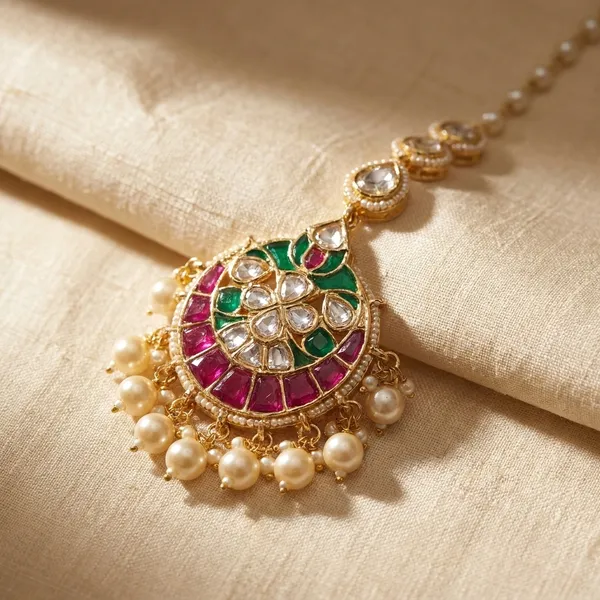 Traditional_Maang_Tikka_with_Pearl_Chain_and_Kundan_Work