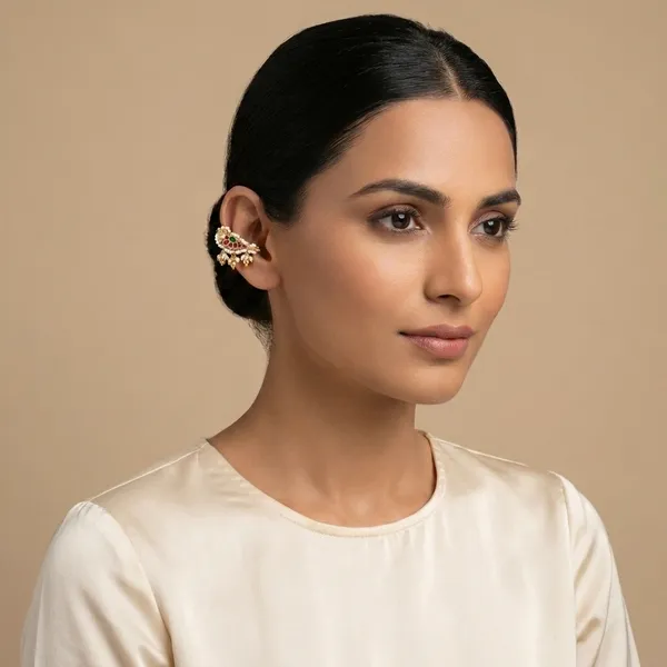 Traditional_Gold_Plated_Peacock_Ear_Cuff_with_Multicolor_Stones_and_Pearl_Danglers