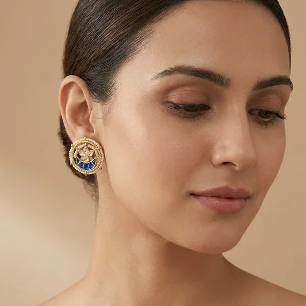 Elegant_Gold_Toned_Kundan_&_Blue_Enamel_Stud_Earrings