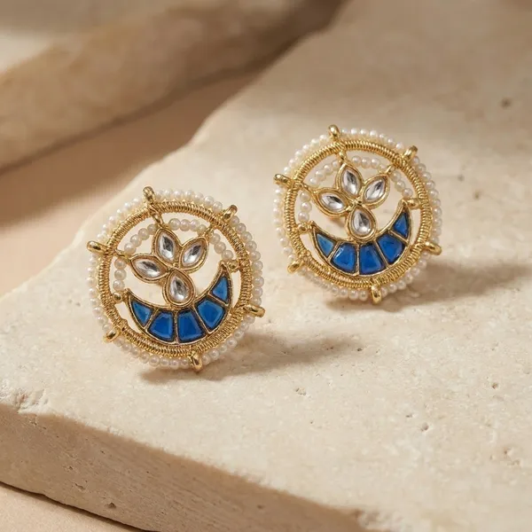 Elegant_Gold_Toned_Kundan_&_Blue_Enamel_Stud_Earrings
