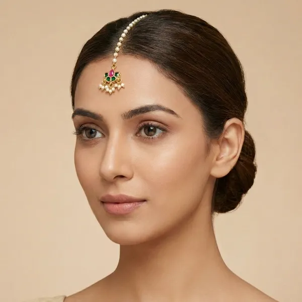 Traditional_Golden_Maang_Tikka_with_Pink_and_Green_Stones_and_Pearl_Chain