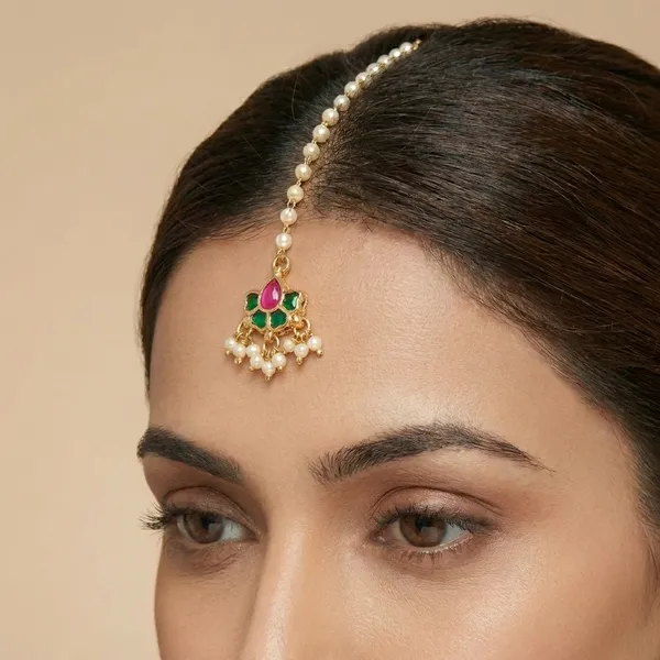 Traditional_Golden_Maang_Tikka_with_Pink_and_Green_Stones_and_Pearl_Chain
