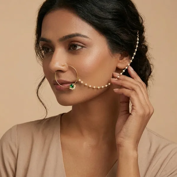 Gold_toned_Nose_pin_with_Green_Stone_and_Chain