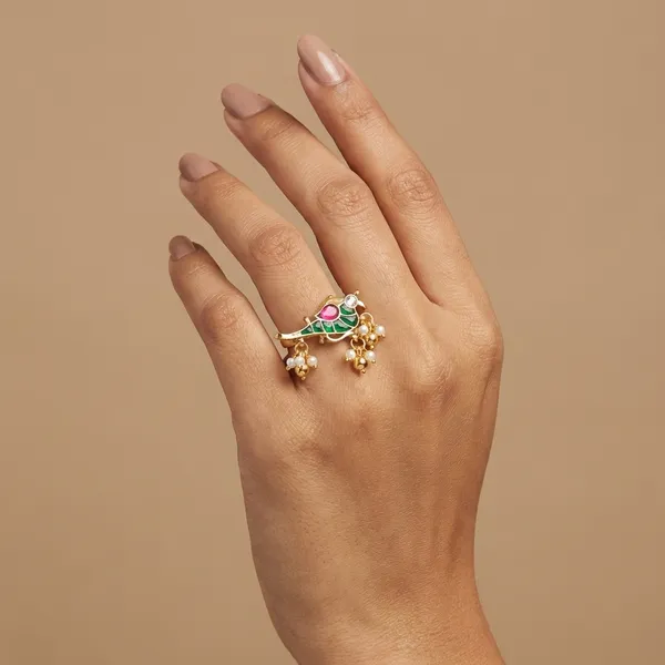 Traditional_Gold_Plated_Peacock_Ring_with_Colorful_Gemstones_and_Pearl_Drops