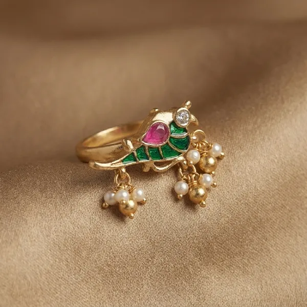 Traditional_Gold_Plated_Peacock_Ring_with_Colorful_Gemstones_and_Pearl_Drops
