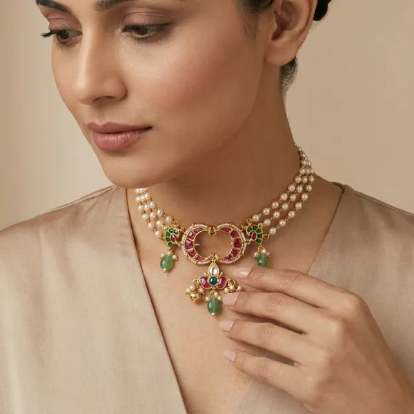 Traditional_Gold_Plated_Choker_Necklace_with_Ruby_and_Emerald_Stones