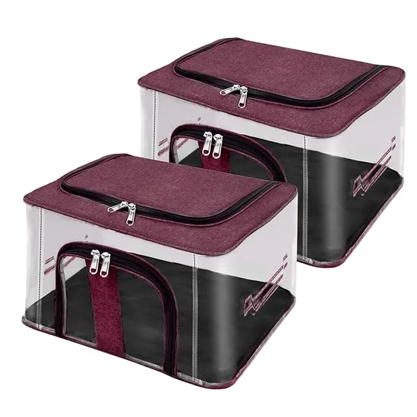 Pack_Of_2_|_33_Ltr_Pvc_Transparent_Moisture_Proof_Storage_Box_For_Clothes_|_Under-Bed_Closet_Wardrobe_Organizer_Bag_For_Clothes_With_Carry_Handle_(44_X_31_X_24_Cm)_|_Maroon