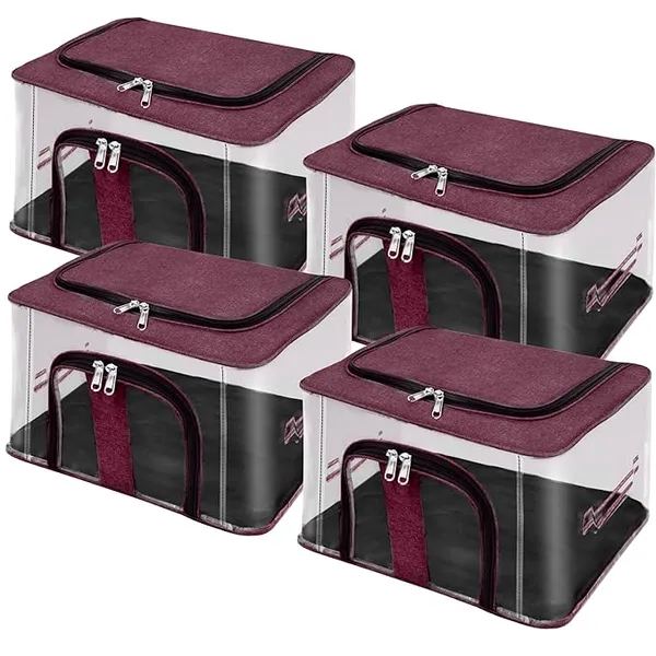 Pack_Of_4_|_33_Ltr_Pvc_Transparent_Moisture_Proof_Storage_Box_For_Clothes_|_Under-Bed_Closet_Wardrobe_Organizer_Bag_For_Clothes_With_Carry_Handle_(44_X_31_X_24_Cm)_|_Maroon