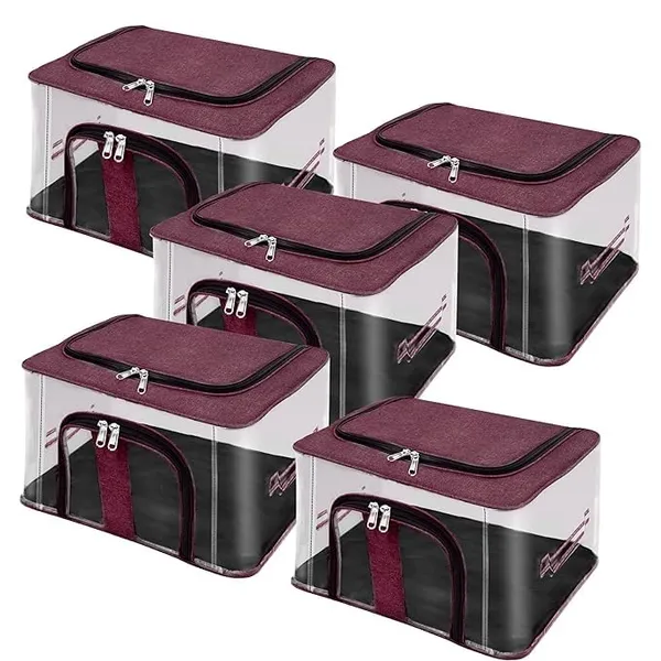 Pack_Of_5_|_33_Ltr_Pvc_Transparent_Moisture_Proof_Storage_Box_For_Clothes_|_Under-Bed_Closet_Wardrobe_Organizer_Bag_For_Clothes_With_Carry_Handle_(44_X_31_X_24_Cm)_|_Maroon