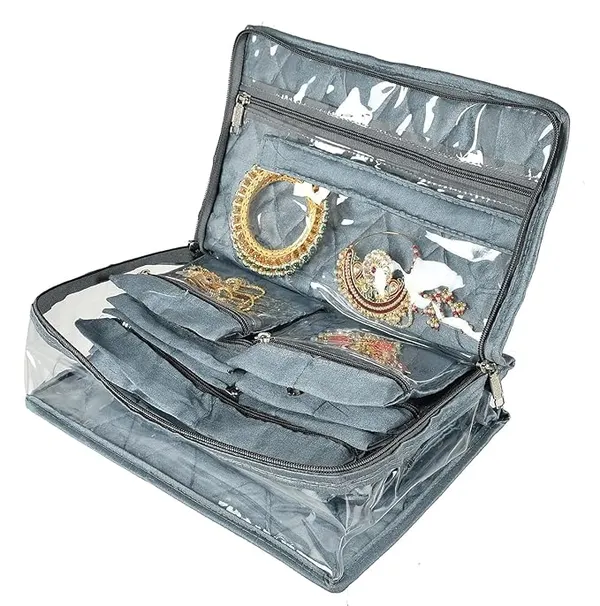 Pvc_Travel_Jewelry_Organiser_|_Jewelry_Storage_Bags_For_All_Jewellery_|_Zipper_Closure_With_13_Transparent_Pouch_|_20_X_30_X_11_Cm,_Pack_Of_1_(Grey)