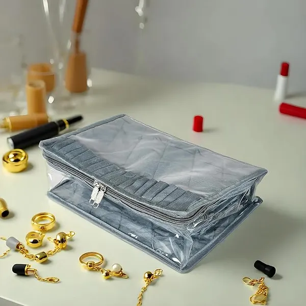Pvc_Travel_Jewelry_Organiser_|_Jewelry_Storage_Bags_For_All_Jewellery_|_Zipper_Closure_With_13_Transparent_Pouch_|_20_X_30_X_11_Cm,_Pack_Of_1_(Grey)