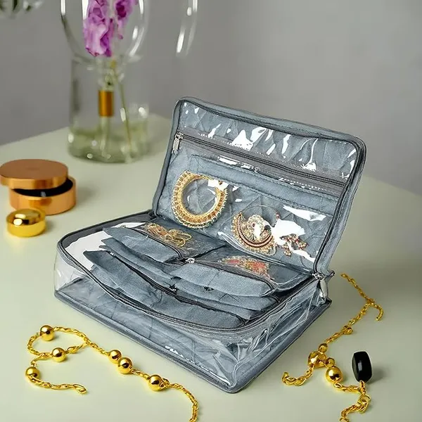 Pvc_Travel_Jewelry_Organiser_|_Jewelry_Storage_Bags_For_All_Jewellery_|_Zipper_Closure_With_13_Transparent_Pouch_|_20_X_30_X_11_Cm,_Pack_Of_1_(Grey)