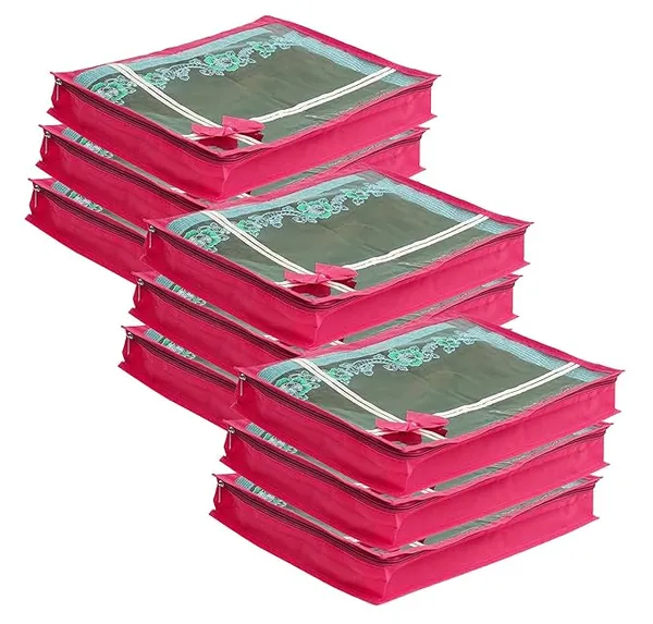 Pack_Of_9_|_Non_Woven_Transparent_View_Flower_Design_Attractive_Bow_Saree_Cover_Bag_With_Stainless_Steel_Zip_Lock,_Cloth_Cover,_Wardrobe_Organizer_|_Pink