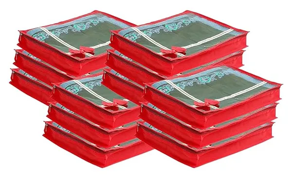 Pack_Of_12_|_Non_Woven_Transparent_View_Flower_Design_Attractive_Bow_Saree_Cover_Bag_With_Stainless_Steel_Zip_Lock,_Cloth_Cover,_Wardrobe_Organizer_|_Red