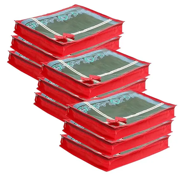 Pack_Of_9_|_Non_Woven_Transparent_View_Flower_Design_Attractive_Bow_Saree_Cover_Bag_With_Stainless_Steel_Zip_Lock,_Cloth_Cover,_Wardrobe_Organizer_|_Red
