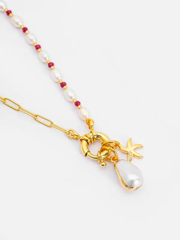 Basraa_Pearl_Ruby_Accent_Charm_Necklace_Dual_Chain_18K_Gold_Plated