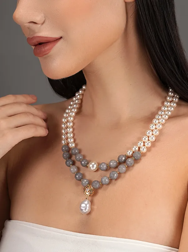 Basraa_Pearl_Grey_Agate_Dual_Layer_Necklace_Gold_Floral_Pendant_Charm