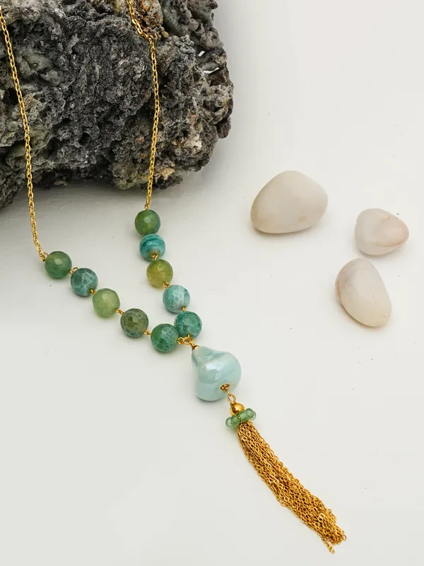Aqua_Green_Agate_Tassel_Necklace_Gold_Plated_Chain_Statement_Jewelry_By_Basraa
