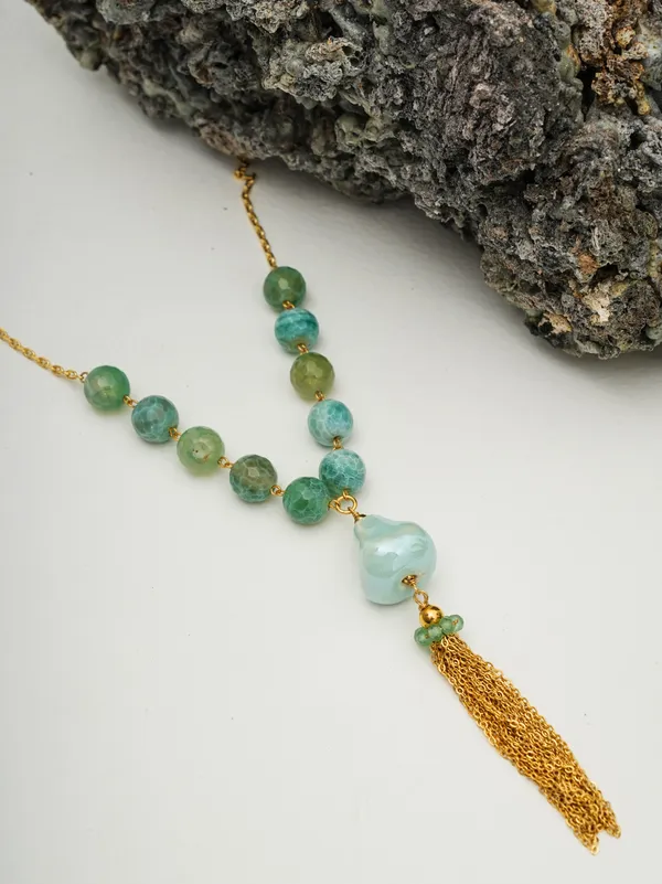 Aqua_Green_Agate_Tassel_Necklace_Gold_Plated_Chain_Statement_Jewelry_By_Basraa
