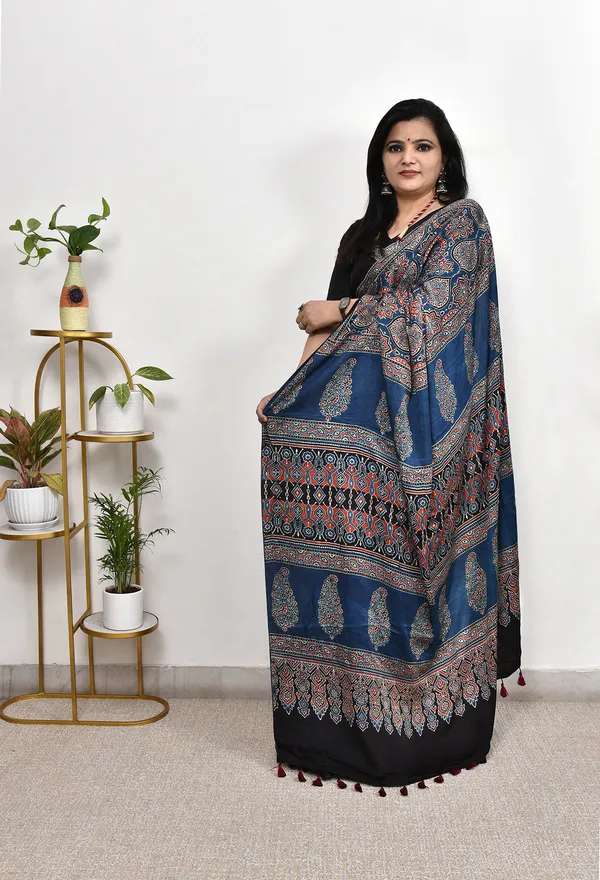 Ajrakh_Blue_Handblock_Modal_Silk_Saree