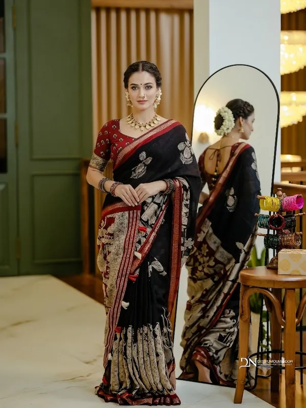 Black_Jaipur_Mulmul_Cotton_Printed_Saree_with_Blouse_Piece