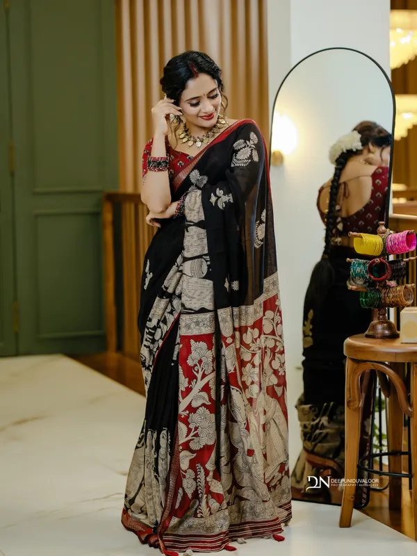 Black_Jaipur_Mulmul_Cotton_Printed_Saree_with_Blouse_Piece