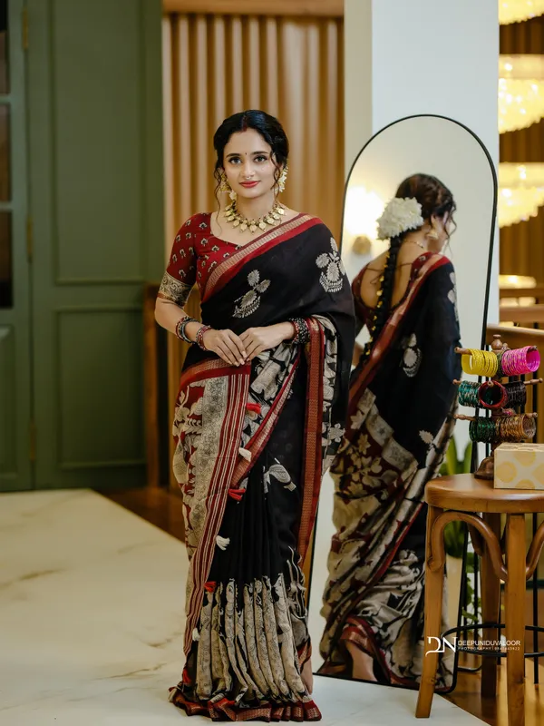 Black_Jaipur_Mulmul_Cotton_Printed_Saree_with_Blouse_Piece