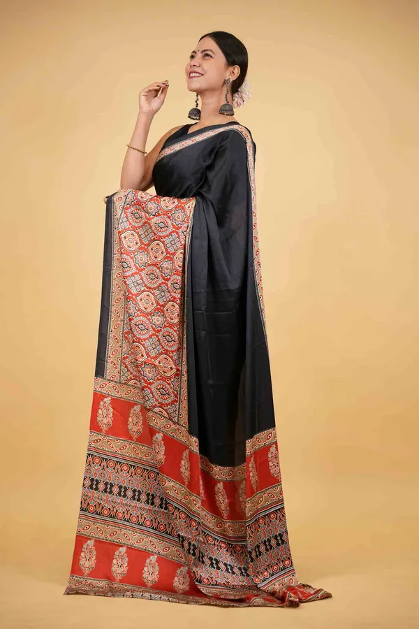 Black_Soft_Silk_Ajrakh_with_Red_Contrast_Pallu_Ready_To_Wear_Saree